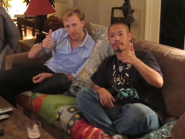 Takuya and I kick back in my living room with a few bottles of Samuel Adams, while watching the Red Sox play the Detroit Tigers in the ALCS (PHOTO BY JENNIFER TOBIN HAYDOCK)