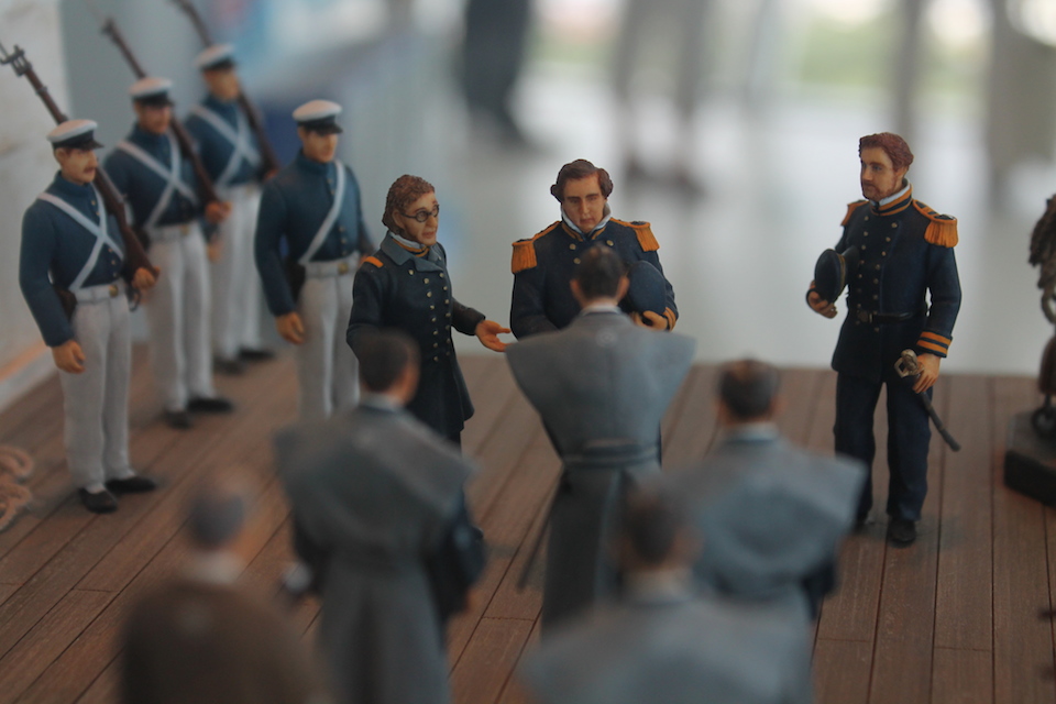 Commodore Perry opening up the port of Hakodate to foreign trade, as depicted by clay figurines inside the Goryokaku Tower rotuna